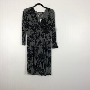 NWT Max and Cleo black and gray below elbow sleeve cross V neck dress Size M